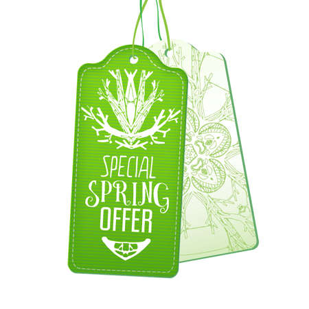 Special Spring Offer tags set. Can be used as price tags. Two sides spring label design. Modern clothes promotion. Spring shop advertisign label. Hand drawn spring promo.のイラスト素材