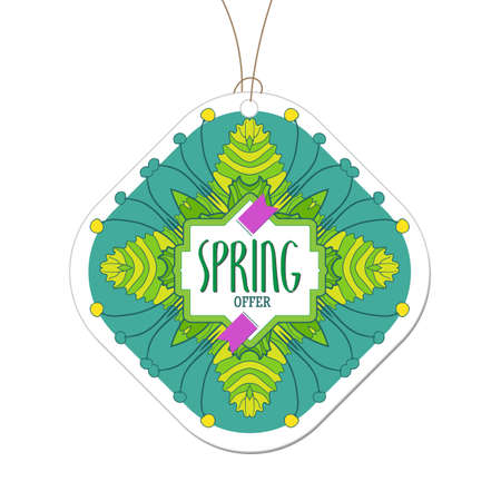 Fresh colors spring offer tag. Spring floral frame design for shopping business promo. Modern linear hand drawn banner. Fashion label for new collection presentation. Bright colorfull illustrationのイラスト素材