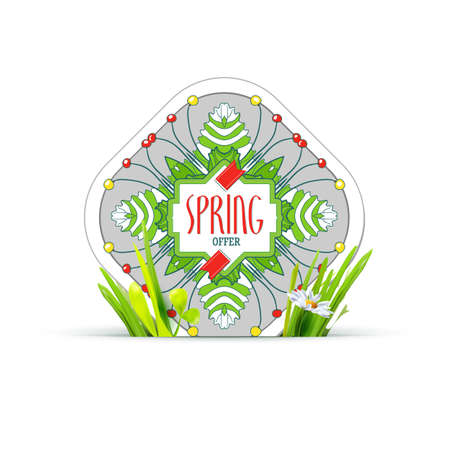 Spring offer tag label with realistic green grass and chamomile. Spring floral banner design for shopping business promo. Modern  spring label for new collection presentation. Trand style illustrationのイラスト素材