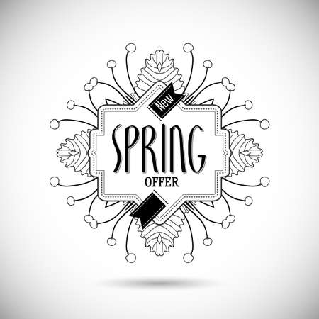 Abstract new spring offer banner. Spring floral frame design for shopping business promo. Modern linear style background. Linear fashion label for new collection presentation. Black line illustrationのイラスト素材
