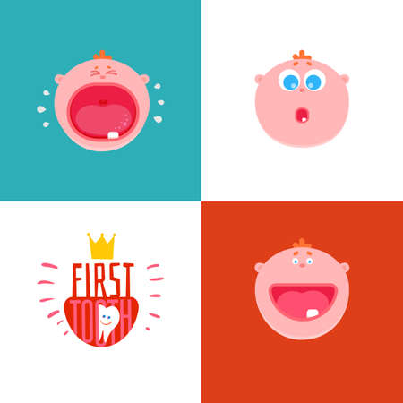 Baby First tooth Vector Illustration with kids expression set.  Crying and laughing baby with first tooth. Children Tooth greetings cards. Flat icons for baby teeth, baby first tooth,  first step, milk teeth.のイラスト素材