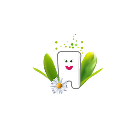 Dental herbal icon. Linear drawn cute tooth with leaves. Dental clinic.のイラスト素材