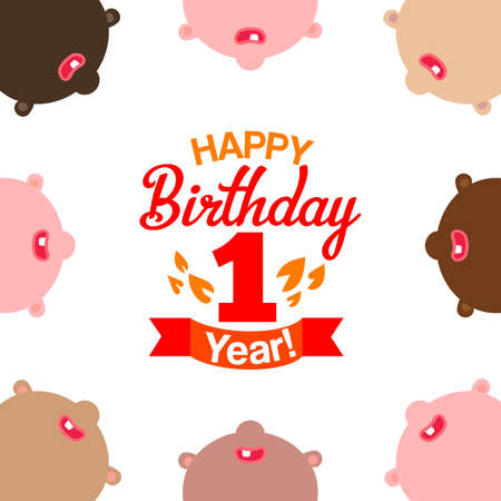 First Happy Birthday greetings card with typography and children faces around. Kiss smile faces frame with Happy First Birthday banner. Vector baby birthday illustration. Birthday party concept.のイラスト素材