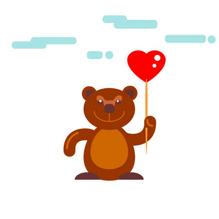 Teddy bear with heart in hand isolated at white background with cute clouds. Flat birth or romance card design. Valentines greetings vector illustration. Brown bear flat character.のイラスト素材