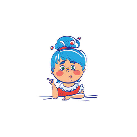 Cute cartoon girl teacher. Illustration of a teacher. Young girl education concept. Vector cute character. Studying little girl at school lesson.のイラスト素材