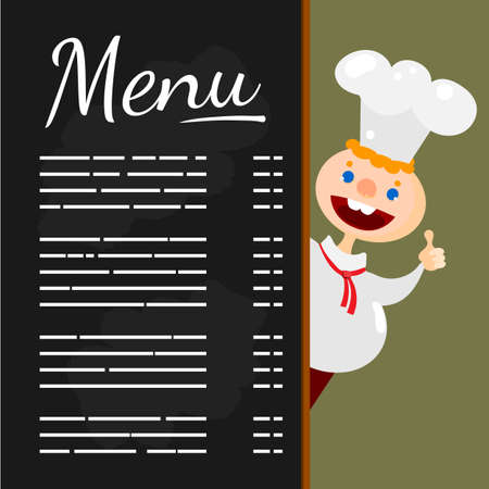 Happy chef vector cartoon character at Menu blackboard. Vector illustration for cafe and restaurant menu design. Chief menu banner background. Flat drawn chief. Menu design with fun chief.のイラスト素材