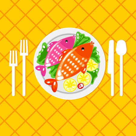 Plate with fish and cutlery fork, knife, spoon. Tableware. Fish menu. Feed the fish for dinner. Order fish menu. Fish dish decorated with lemon and green salad. Cartoon fish illustrationのイラスト素材