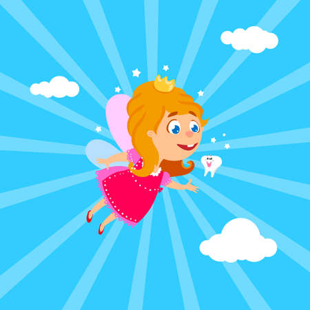 Tooth Fairy day vector illustration. Baby girl princess with white smile kids tooth. Tooth Fairy day fun greeting card. Cartoon drawn character of flying Teeth Fairy.のイラスト素材