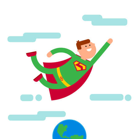 Superhero with sile in green tights and suit fly away from Eath. Superhero flying high in the sky. Lost nature, eco concept. Abstract superhero flat character with cloud.のイラスト素材
