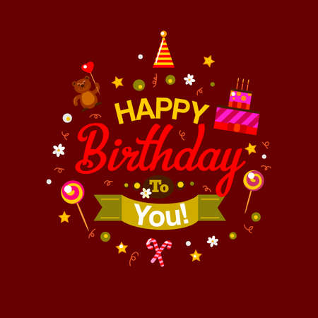 Bright vector happy birthday card at chocolate background. Birthday cake and gifts. Vector Illustration. Happy Birthday kids party invitation. Fun typography celebration design. Happy birthday to youのイラスト素材