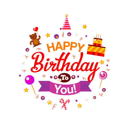 Vector happy birthday card. Birthday cake and gifts. Vector Illustration. Happy Birthday kids party invitation. Fun typography celebration elements. Cartoon design for happy birthday to you greetingsのイラスト素材