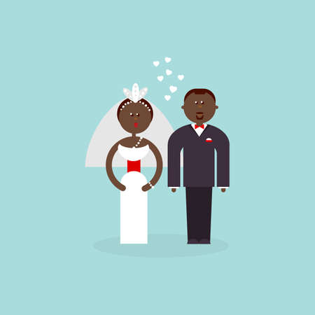 African American couple getting married. Bride and Groom flat figures illustration. Classic wedding flat. Traditional bride groom cartoon. Wedding couple for invites, cakes.のイラスト素材