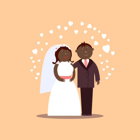 African American couple getting married. Bride and Groom cartoon figures with hearts for love  illustration. Classic wedding cartoon characters. Traditional bride groom cartoon. Wedding coupleのイラスト素材