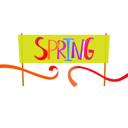 Spring Time lettering on banner background. Spring start and finish concept. Banner design with cut red tape. Starting line. Finish line ribbon.のイラスト素材