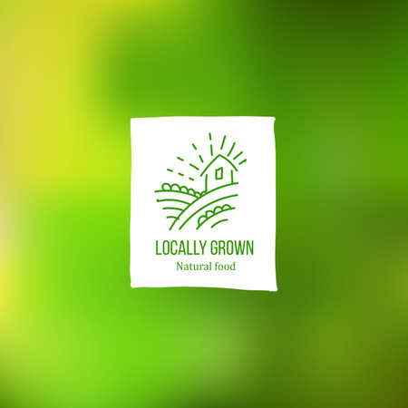 Hand sketch Locally grown tag with farmer home and field at green background. Eco friendly farm product label. Food market hand drawn icon. Vegetarian and healthy diet. Farm fresh organic food. Natural food tag for packaging.のイラスト素材