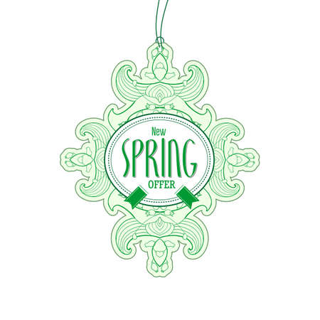 Spring offer tag vector illustration. Lot of elements linear drawn label for season offers. Ornate floral frame.のイラスト素材