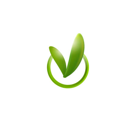 Green check mark with reaves. Sprouts sign for organic certification. Bio product sign. Correct icon. Freshness exam ok sign. Modern Vector illustration. Circle emblem with natural leaf.のイラスト素材
