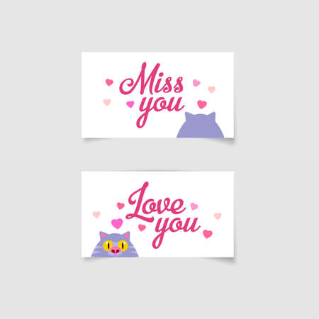 Vector cards with funny cat and text &amp;quot;miss you&amp;quot; and &amp;quot;love you&amp;quot;. Cute cartoon flat character. Hand drawing romantic banner.のイラスト素材