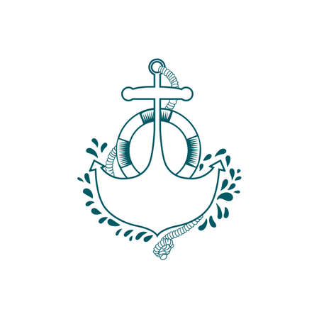Anchor stencil with Lifebuoy and rope vector illustration. This illustration can be used as a sign for print on summer T-shirts and bagsのイラスト素材