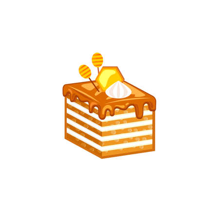 Honey cake slice isolated on white background decorated honeycomb and meringues. Vector illustration for tasty bakeryのイラスト素材