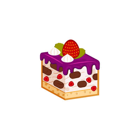 Strawberry and chocolate cake piece isolated on white background. Vector illustration for tasty...