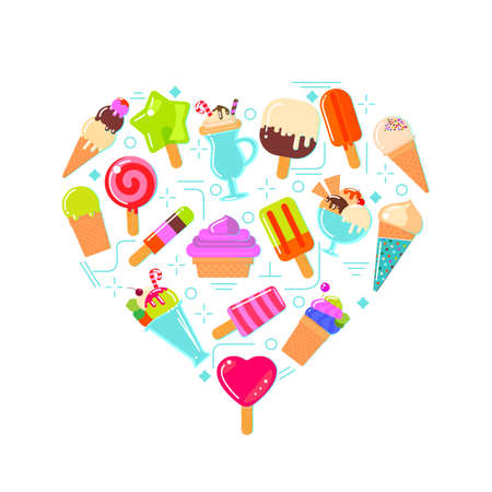 Ice cream collection. Flat icons in heart shaped background design.のイラスト素材