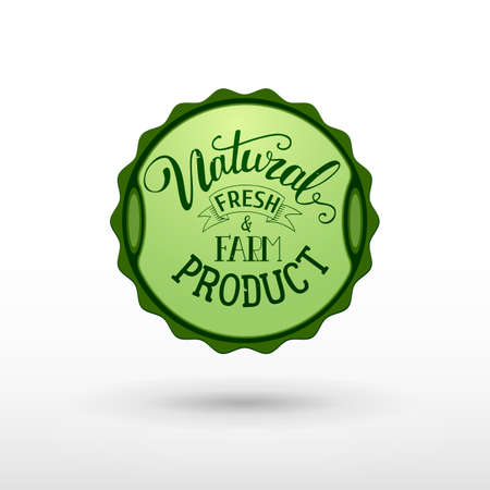 Natural fresh and farm food product label design woth handwritten lettering text. Vector illustration for farm products identity and mark. Natural food banner, sticker design and organic logo.のイラスト素材