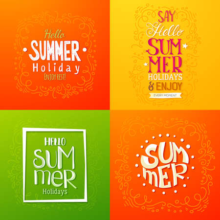 Set of summer holidays hand drawn posters or greeting card with handwritten typography quotes, phrase and words. Lettering quotes. Vector illustration.のイラスト素材