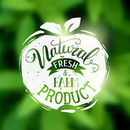 Natural fresh and farm food product label design with handwritten lettering text at green background. Vector illustration for farm products identity and mark. Natural food banner design and organic food logo.のイラスト素材
