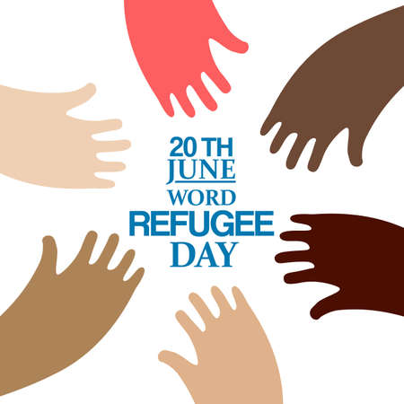 Different colors hands around text emblem for World Refugee Day. Vector illustration. Human rights, support and refugee day logo. Migrant safety concept.のイラスト素材