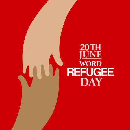 Stylish Two hands flat emblem and text for World Refugee Day. Vector illustration. Human rights, support and refugee day logo. Migrant safety concept.のイラスト素材