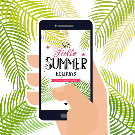 Summer photo post at smartphone in hand. Flat style vector illustration with hand written lettering message and palm leaves.のイラスト素材