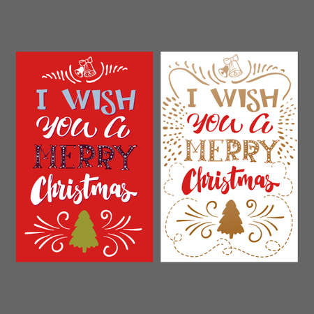 Merry Christmas hand Lettering card Set. Vector illustration for winter holidays greetings. I wish you a Merry Christmas typography.のイラスト素材
