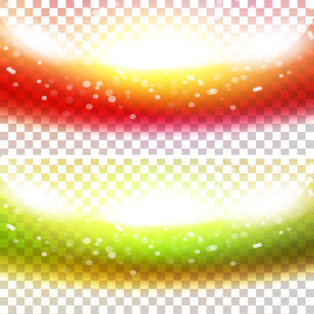 Shiny waves at banner set. Vector design with lights on transparent background. Red and green waves.のイラスト素材