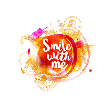 Smile with me typography at watercolor background with doodle elemenets. Inspirational quote about life for fun. Modern calligraphy text, handwritten on violet splash. Vector illustartionのイラスト素材