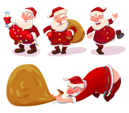 Christmas Santa Claus actions set. Cartoone style xmas characters. Santa plays, dances, pulls the bag, happy holiday.のイラスト素材