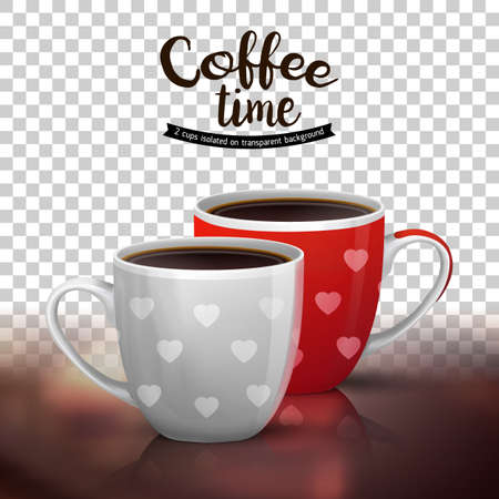 Classic americano in two ceramic cups isolated on transparent background. illustration of coffee drinks. Coffee cups design with heart shapes.のイラスト素材