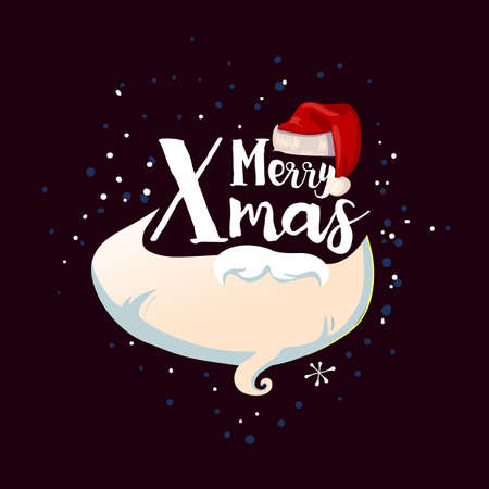 Christmas Typographic card with with Santa Claus hat, beard, mustache and snowflakes at dark background. Winter greeting label. illustration.のイラスト素材