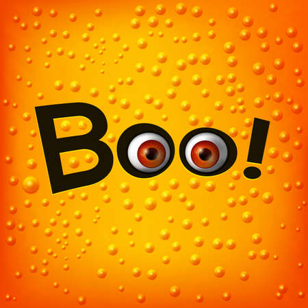 Hanging word BOO text with monster eyes on skin textured background. Orange fun baby background. illustrationのイラスト素材