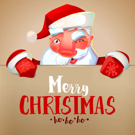 Happy Santa Claus looking out from behind the blank sign isolated on white background. Merry Christmas and ho-ho-ho greetings. Vintage colors.のイラスト素材
