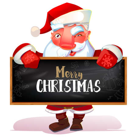 Happy Santa Claus looking out from behind blackboard sign isolated on white background. Merry Christmas text greetings. illustration.のイラスト素材