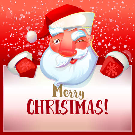 Xmas card with funny Santa Claus. Vintage Holidays card design with Santa winks and Merry Christmas typography on red backgroundのイラスト素材