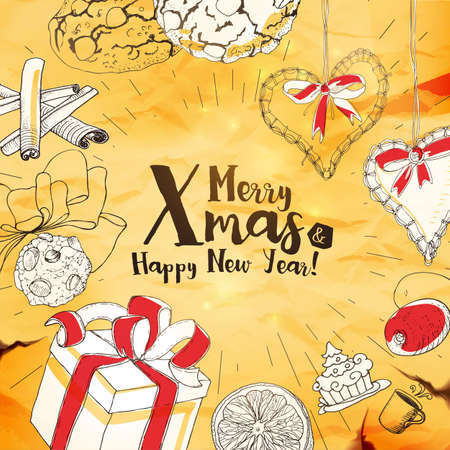 Christmas Card With Sketches And Typography greetings. Merry Xmas hand drawing banner. Vintage style.のイラスト素材