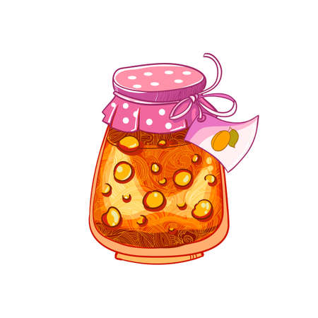 Jar of Apricot or peach. Jam isolated on white background. Vector cartoon hand drawing vector illusatrtion.のイラスト素材