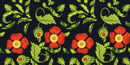 Elegance Seamless red color flowers pattern on black background, vector illustrationのイラスト素材