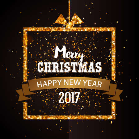 Merry Christmas and Happy new year gold glittering typography. Holidays background with golden frame. Vector illustration. Xmas greeting cardのイラスト素材