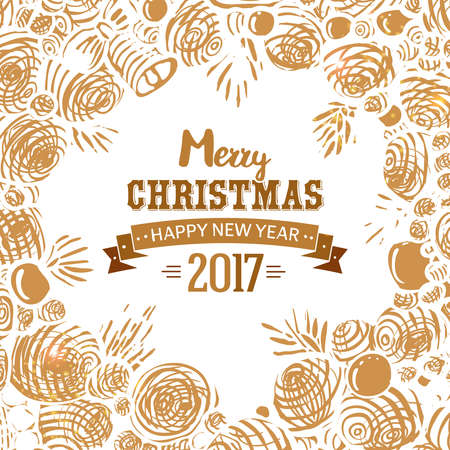 Christmas background with hand drawn sketch illustration. Xmas hand drawing wreath frame and seasons greetings typography. Vector illustration. Luxury golden colors.のイラスト素材