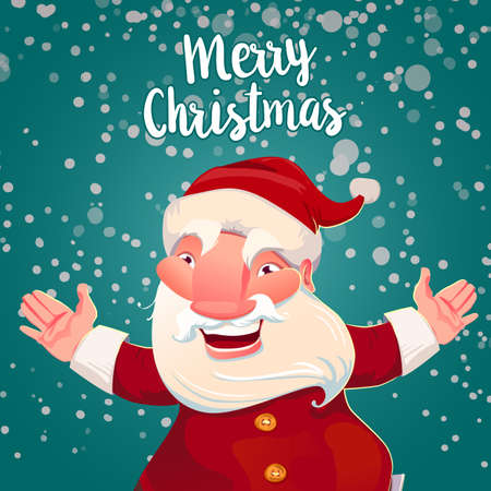 Illustration of cute Santa Claus on green snow background. Vector Christmas card. Santa celebrates, hands up and smile. Merry Christmas typography greetingsのイラスト素材