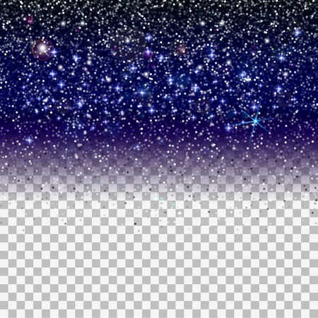 Confetti Glitters. Vector Festive Illustration of Falling Shiny Particles on dark blue background. Sparkling Texture Isolated on Transparent Checkered Background. Holiday Decorative Tinsel Elementのイラスト素材