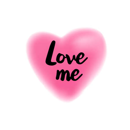 Love me brush lettering illustration. Handmade calligraphy for print, card, T-shirt. Blurred pink heart symbol background. Vector quote for romantic cards and Valentines Day.のイラスト素材
